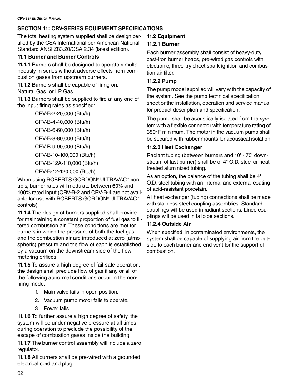 Section 11: crv-series equipment specifications, 1 burner and burner controls 11.2 equipment | Roberts Gorden CRV-B-9 User Manual | Page 38 / 40