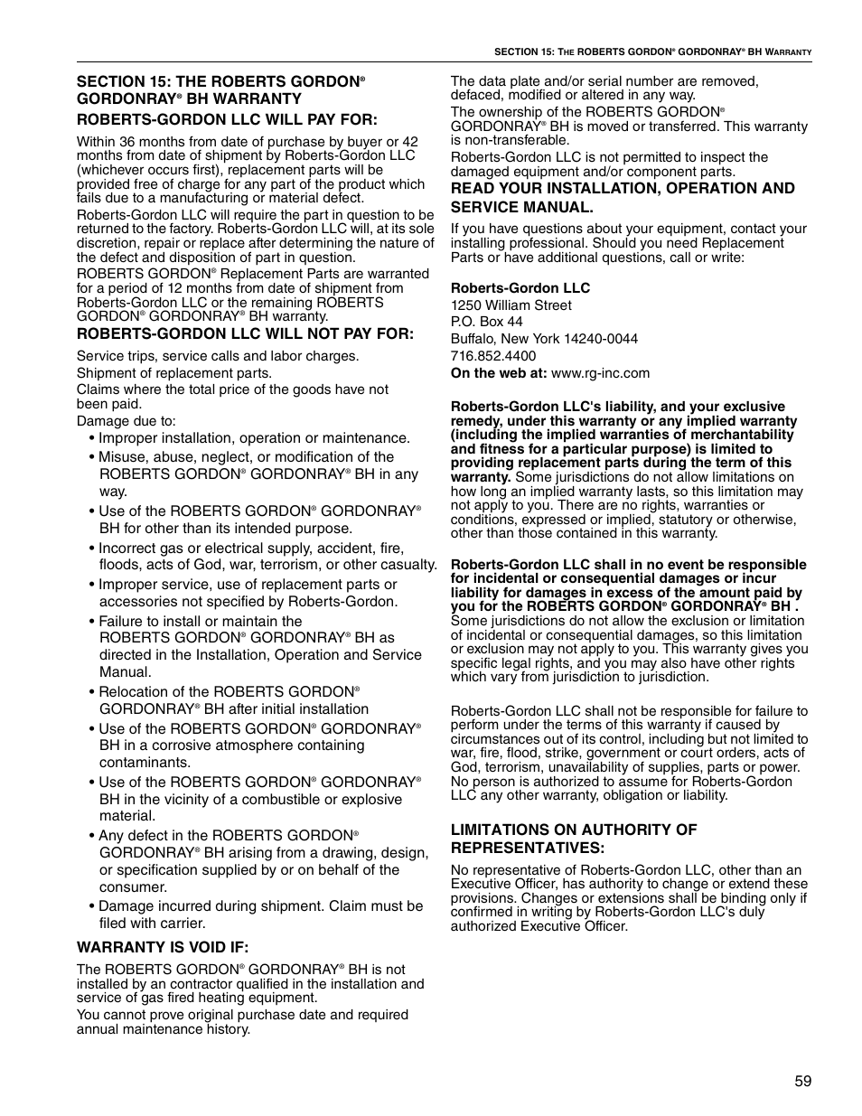 Gordonray, Bh warranty roberts-gordon llc will pay for, Roberts-gordon llc will not pay for | Warranty is void if, Limitations on authority of representatives | Roberts Gorden Linear Heater User Manual | Page 45 / 50