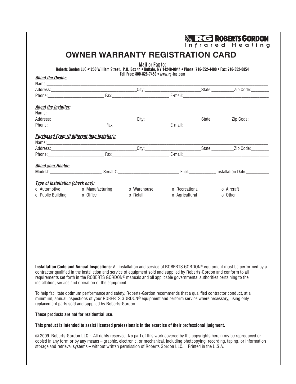 Owner warranty registration card | Roberts Gorden Linear Heater User Manual | Page 47 / 50