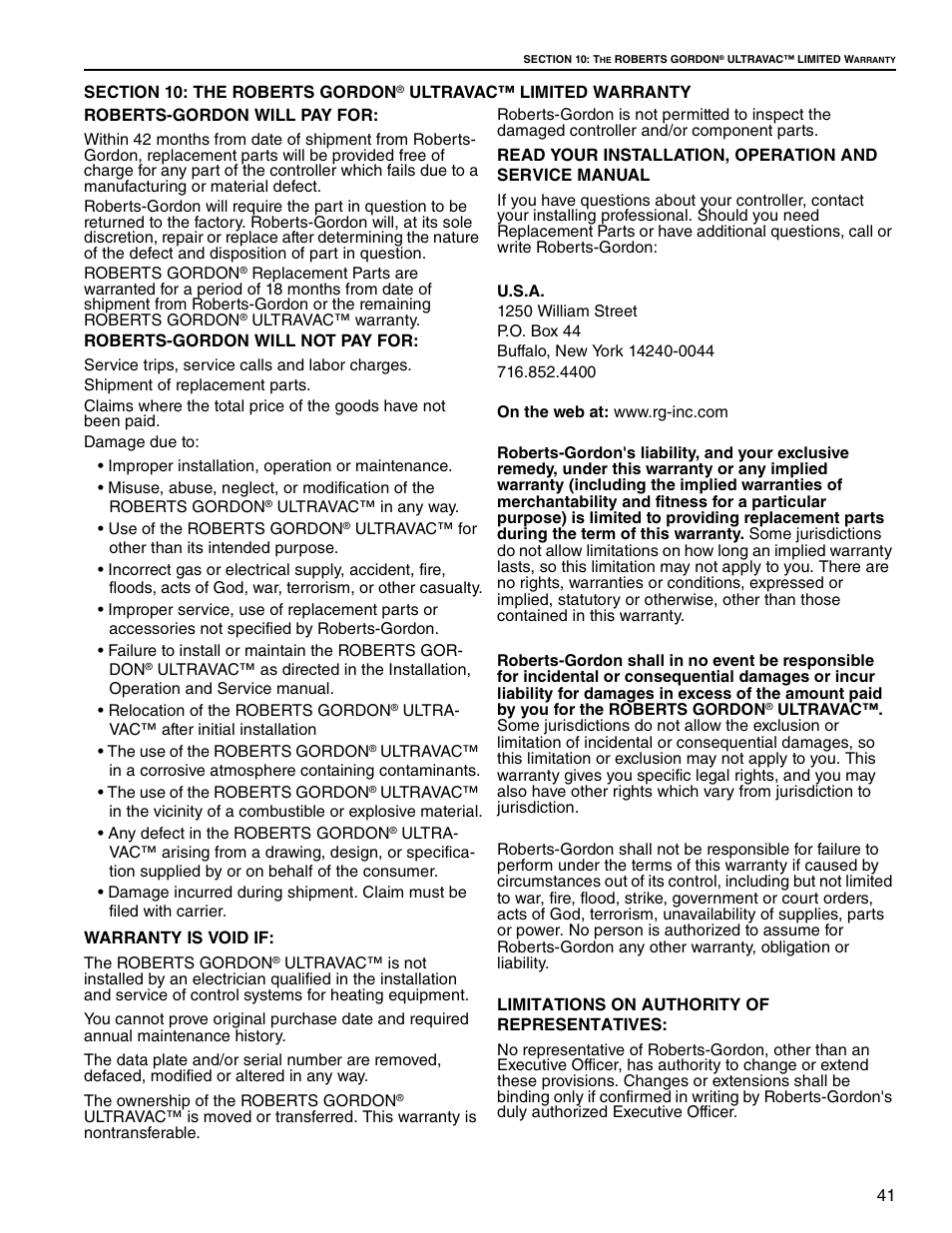 Roberts Gorden UltraVac NEMA 4 User Manual | Page 47 / 48