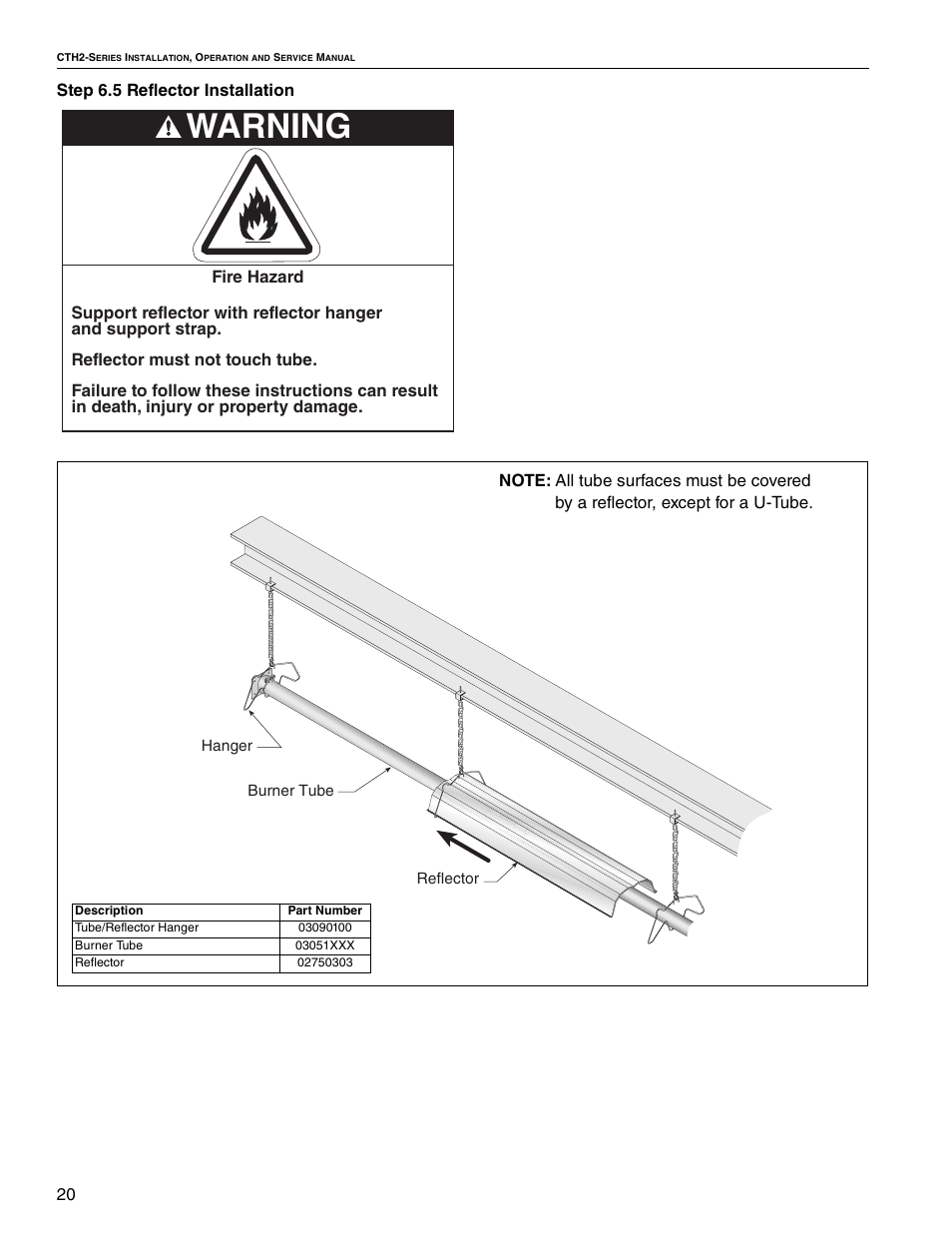 Warning, 20 step 6.5 reflector installation | Roberts Gorden VANTAGE II CTH2-80 User Manual | Page 26 / 32