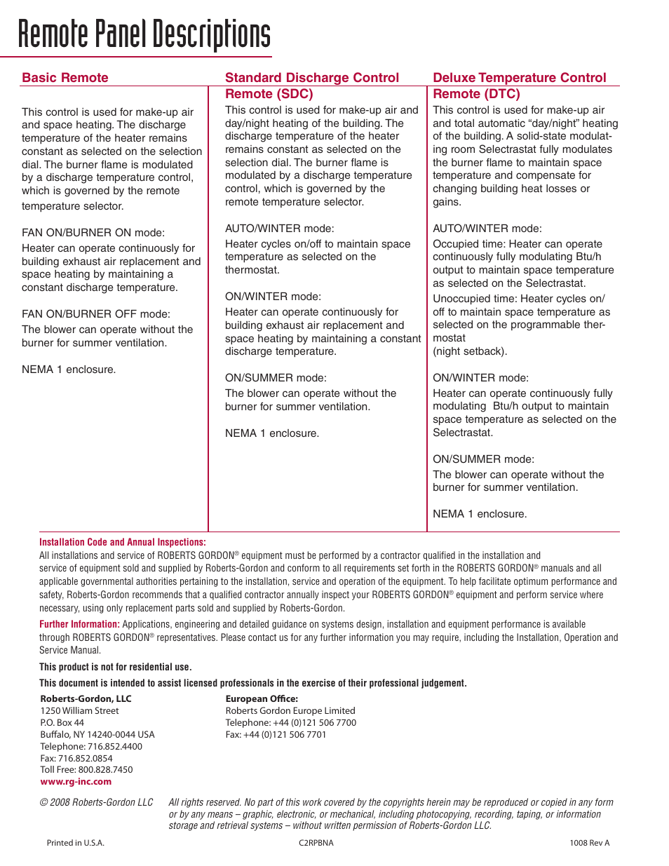 Remote panel descriptions | Roberts Gorden 1.800.828.7450 User Manual | Page 2 / 2