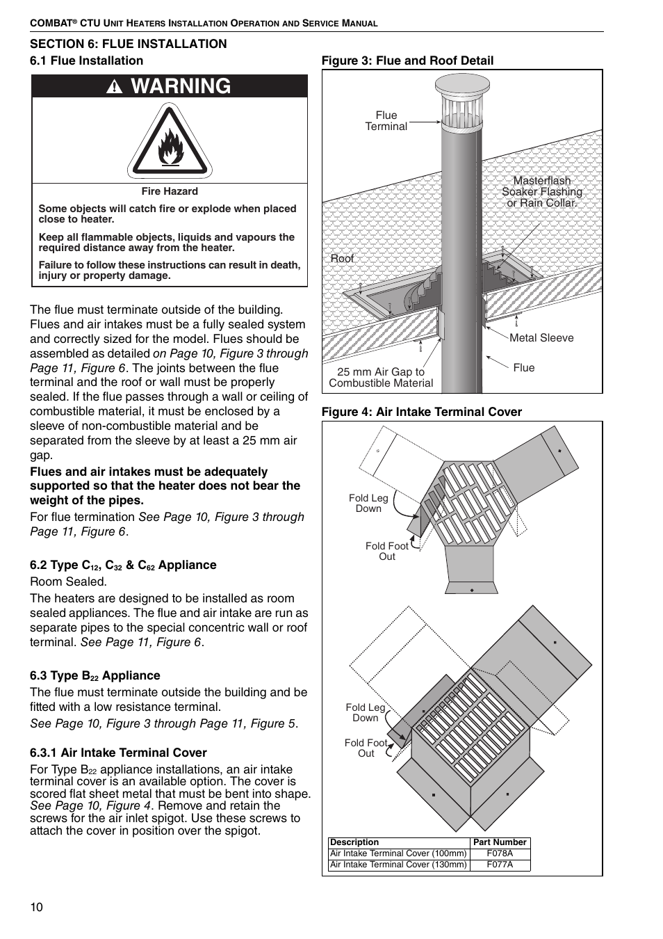 Section 6: flue installation, 1 flue installation 6.2 type c, 3 type b | Warning | Roberts Gorden COMBAT CTU 22 TO 115 User Manual | Page 16 / 51