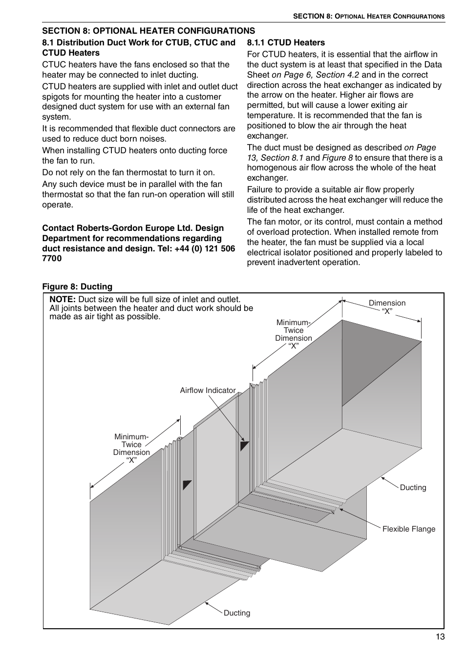 Section 8: optional heater configurations, 1 distribution duct work for ctub, ctuc and ctud, Heaters | Figure 8: ducting | Roberts Gorden COMBAT CTU 22 TO 115 User Manual | Page 19 / 51