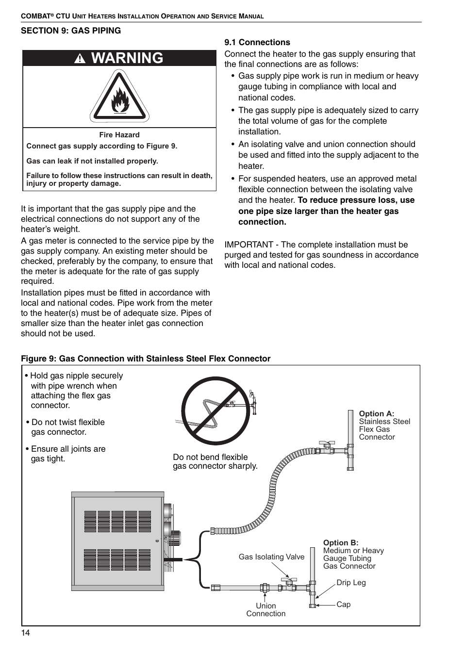 Section 9: gas piping, 1 connections, Figure 9: gas connection with stainless steel flex | Connector, Warning | Roberts Gorden COMBAT CTU 22 TO 115 User Manual | Page 20 / 51