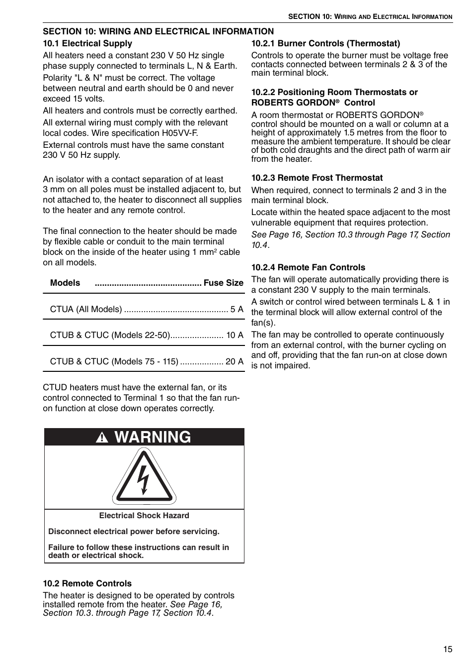 Section 10: wiring and electrical information, 1 electrical supply 10.2 remote controls, Section 10 | Warning | Roberts Gorden COMBAT CTU 22 TO 115 User Manual | Page 21 / 51