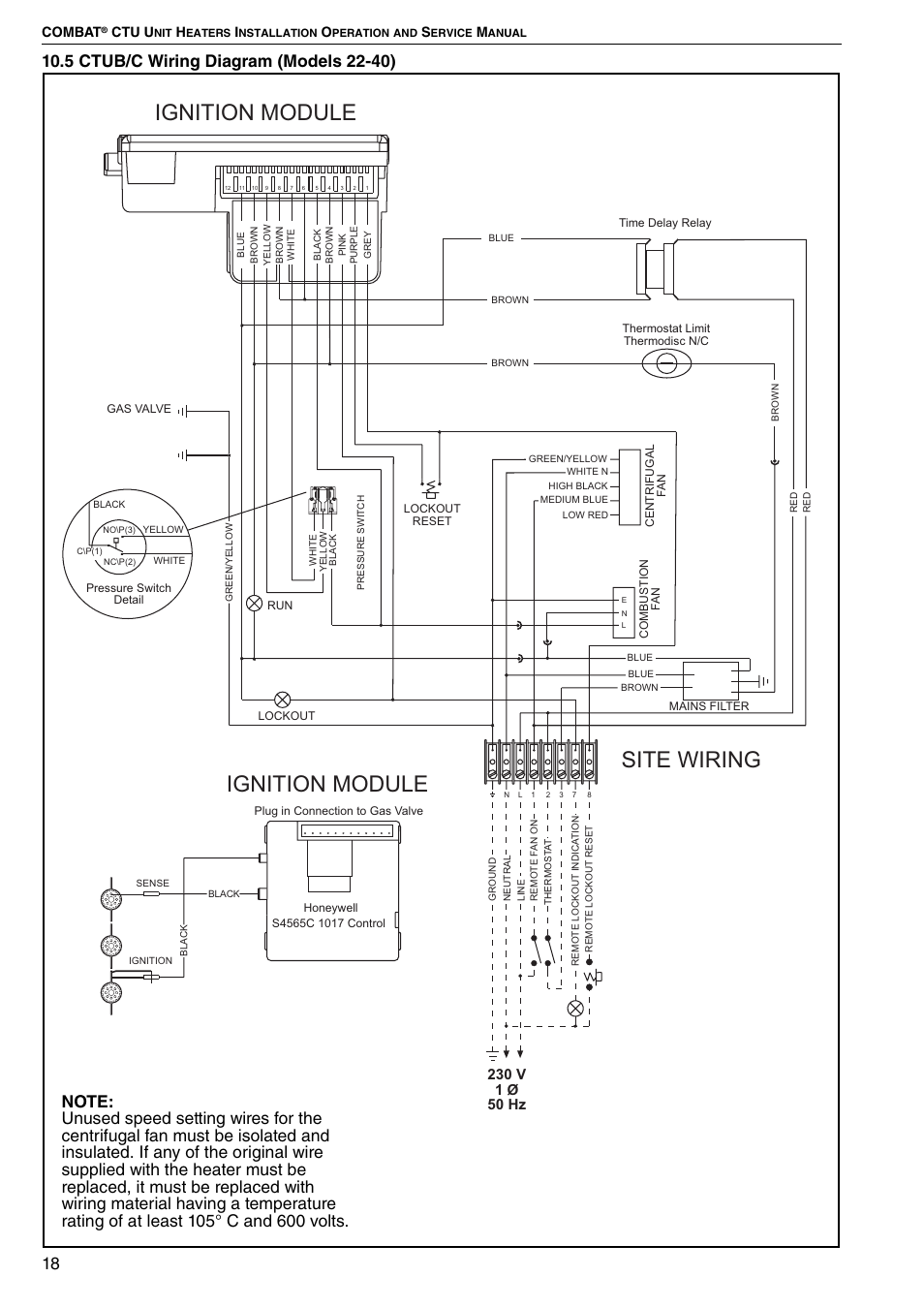 5 ctub/c wiring diagram (models 22-40), Ignition module, Site wiring | Roberts Gorden COMBAT CTU 22 TO 115 User Manual | Page 24 / 51