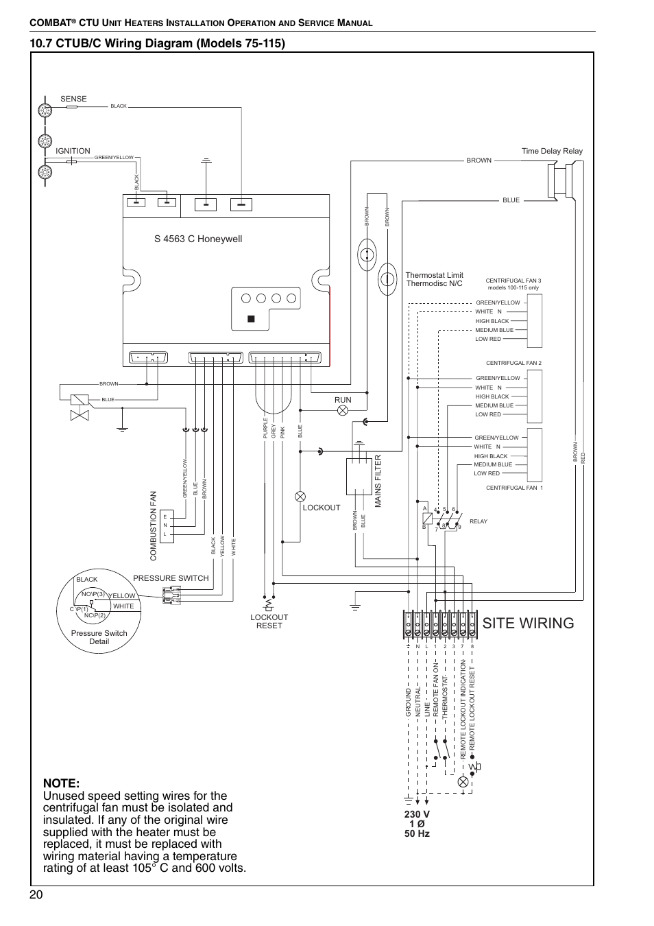7 ctub/c wiring diagram (models 75-115), Site wiring, Combat | Ctu u, S 4563 c honeywell | Roberts Gorden COMBAT CTU 22 TO 115 User Manual | Page 26 / 51