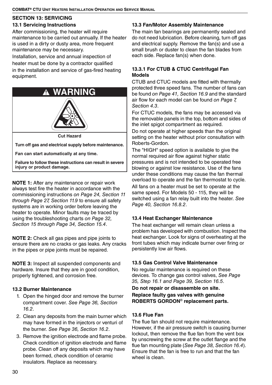 Section 13: servicing, Warning | Roberts Gorden COMBAT CTU 22 TO 115 User Manual | Page 36 / 51
