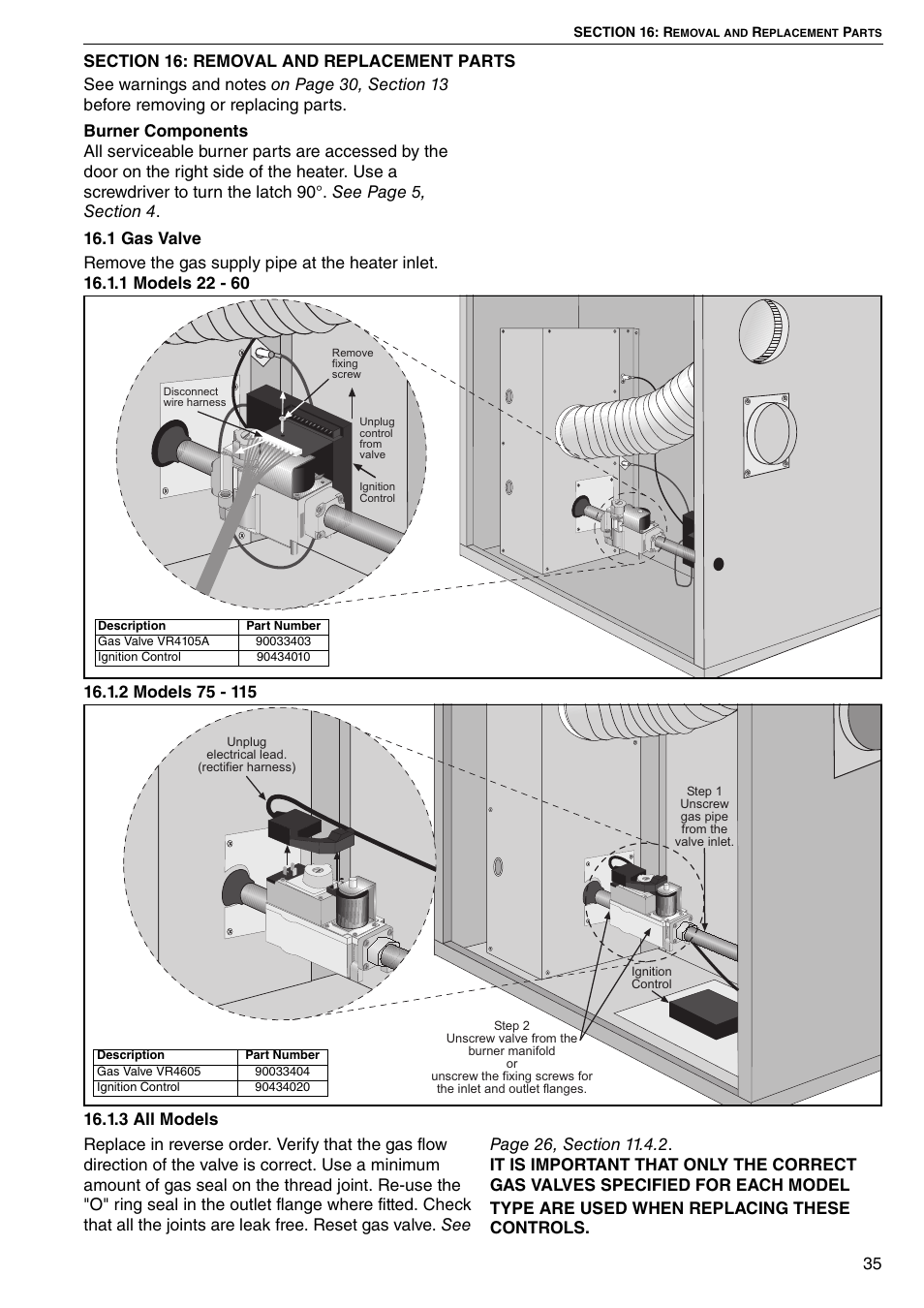 Section 16: removal and replacement parts, 1 gas valve, 35, step 16.1 | Roberts Gorden COMBAT CTU 22 TO 115 User Manual | Page 41 / 51