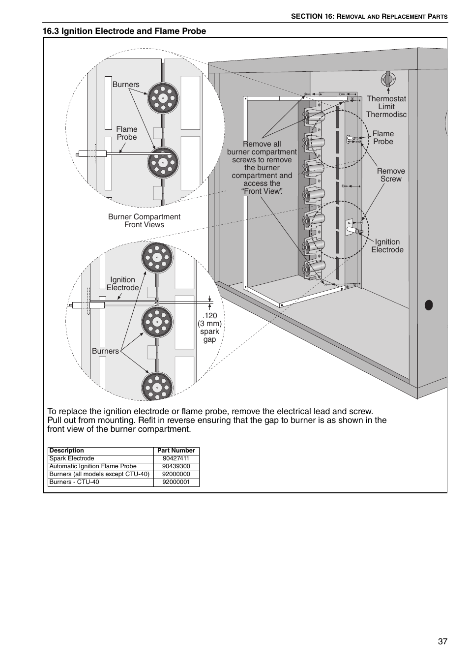 3 ignition electrode and flame probe | Roberts Gorden COMBAT CTU 22 TO 115 User Manual | Page 43 / 51