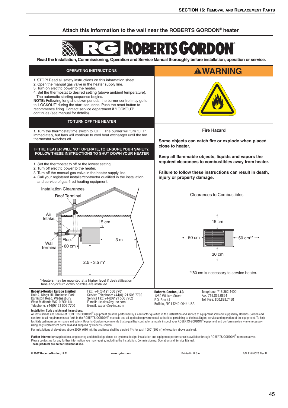 Warning, Heater | Roberts Gorden COMBAT CTU 22 TO 115 User Manual | Page 51 / 51