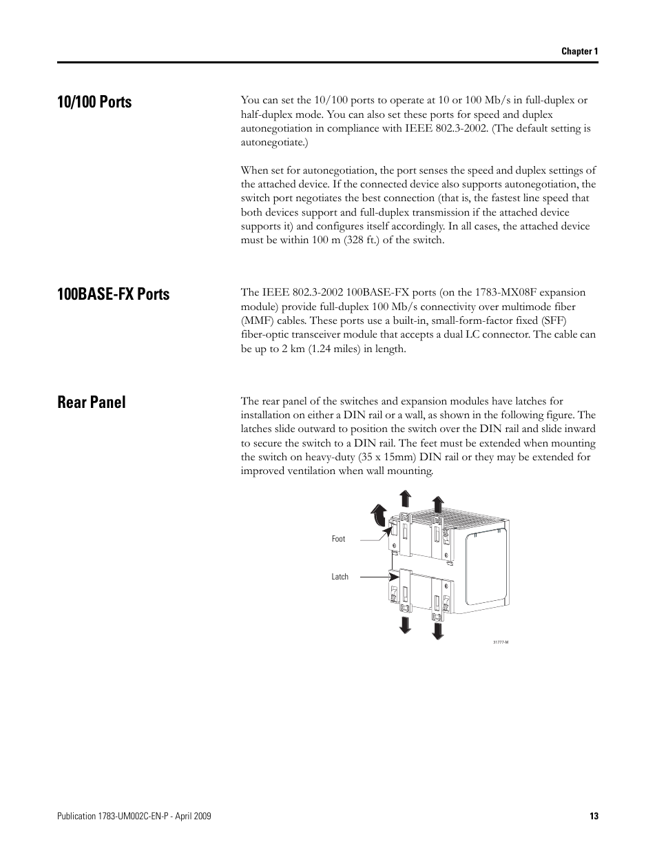 10/100 ports, 100base-fx ports, Rear panel | 10/100 ports 100base-fx ports rear panel | Rockwell Tools STRATIX 8000 ETHERNET 1783-MS10T User Manual | Page 13 / 92