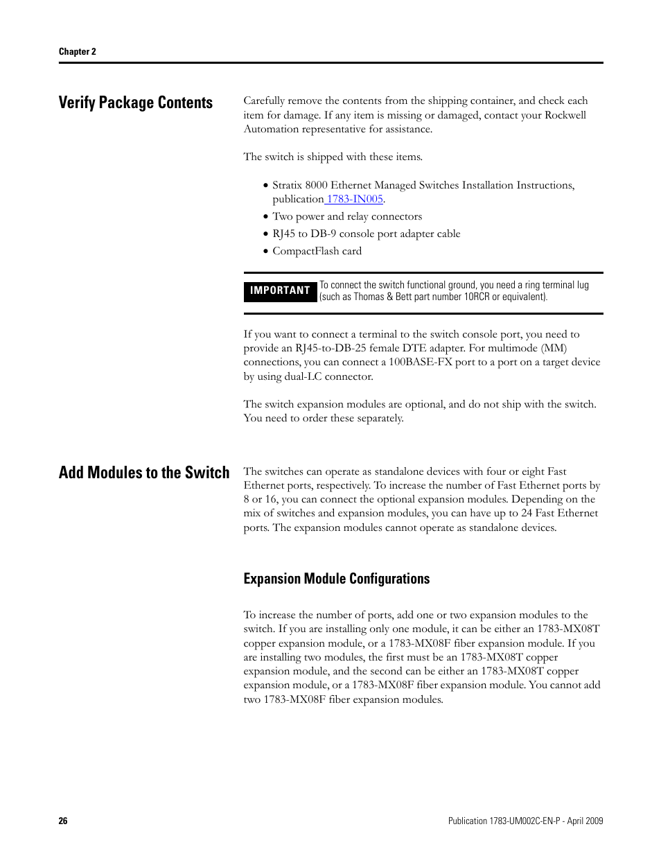Verify package contents, Add modules to the switch, Expansion module configurations | Verify package contents add modules to the switch | Rockwell Tools STRATIX 8000 ETHERNET 1783-MS10T User Manual | Page 26 / 92