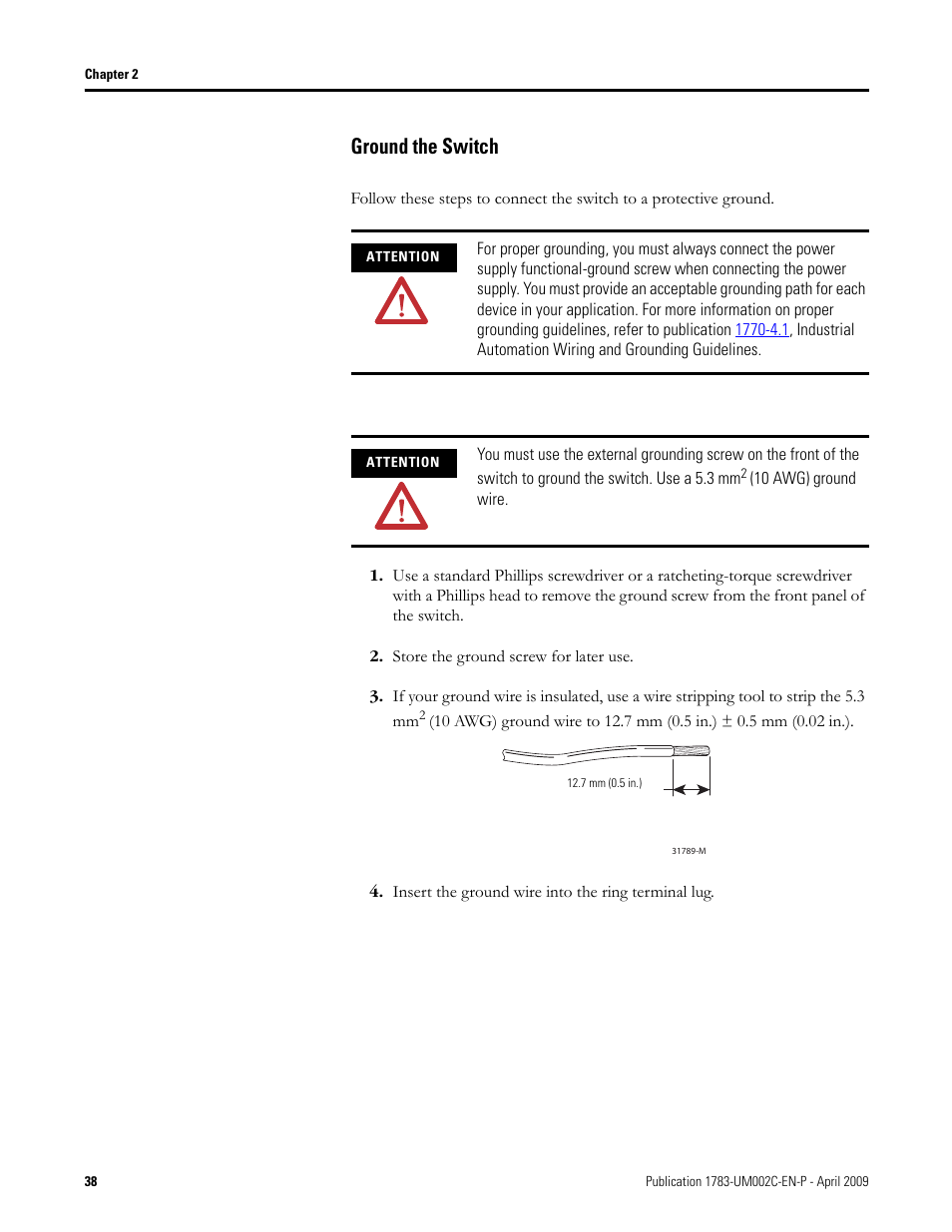 Ground the switch | Rockwell Tools STRATIX 8000 ETHERNET 1783-MS10T User Manual | Page 38 / 92
