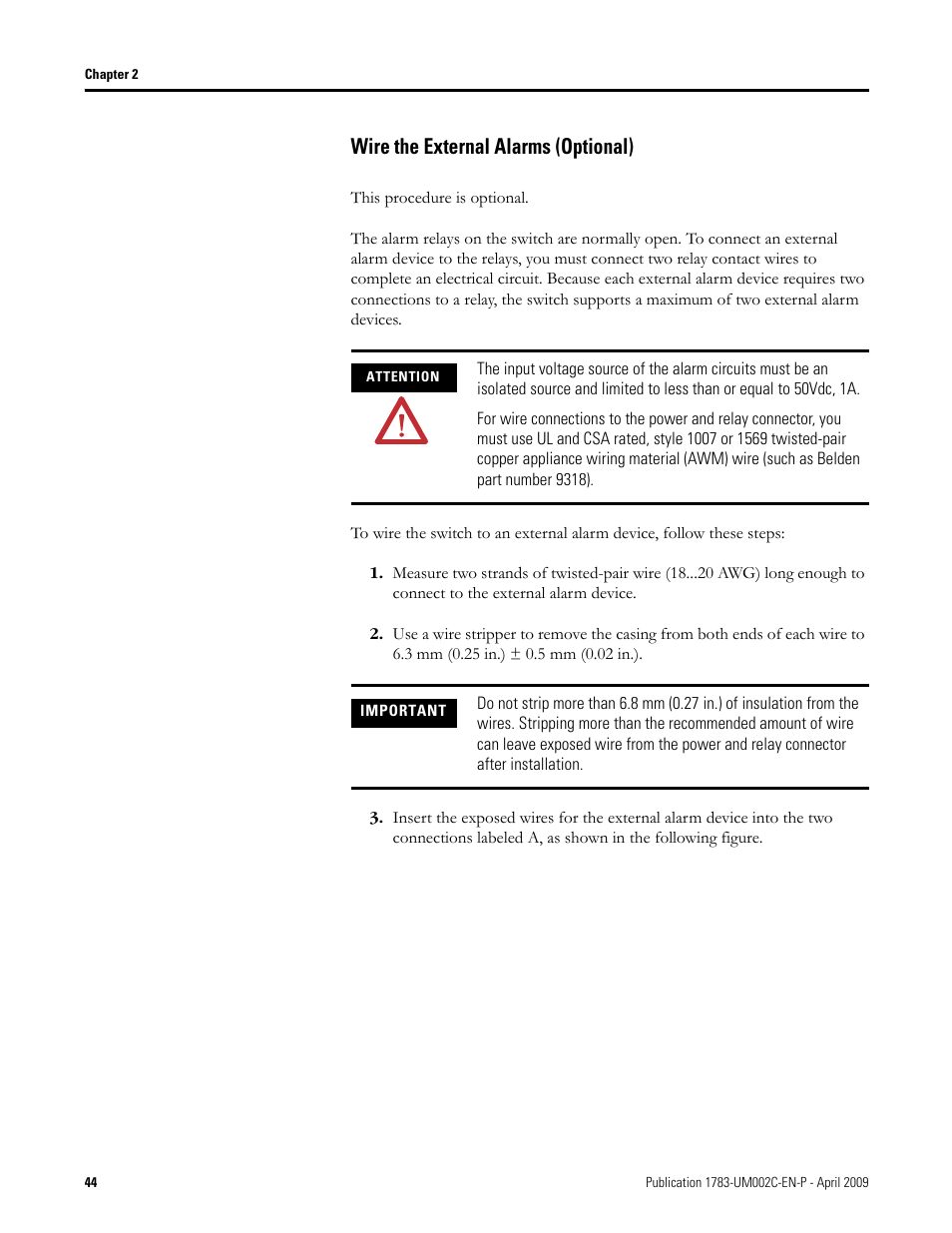 Wire the external alarms (optional) | Rockwell Tools STRATIX 8000 ETHERNET 1783-MS10T User Manual | Page 44 / 92