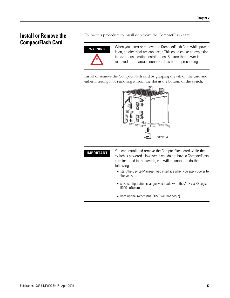 Install or remove the compactflash card | Rockwell Tools STRATIX 8000 ETHERNET 1783-MS10T User Manual | Page 47 / 92
