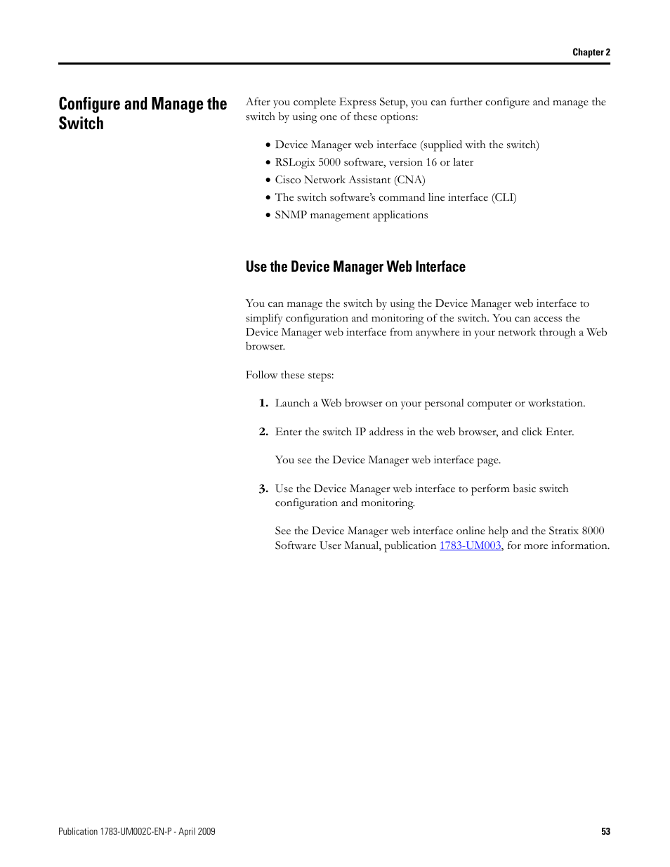 Configure and manage the switch, Use the device manager web interface | Rockwell Tools STRATIX 8000 ETHERNET 1783-MS10T User Manual | Page 53 / 92