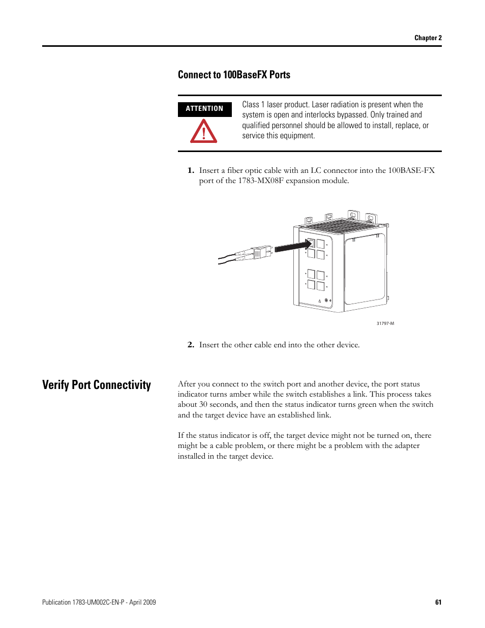 Connect to 100basefx ports, Verify port connectivity | Rockwell Tools STRATIX 8000 ETHERNET 1783-MS10T User Manual | Page 61 / 92