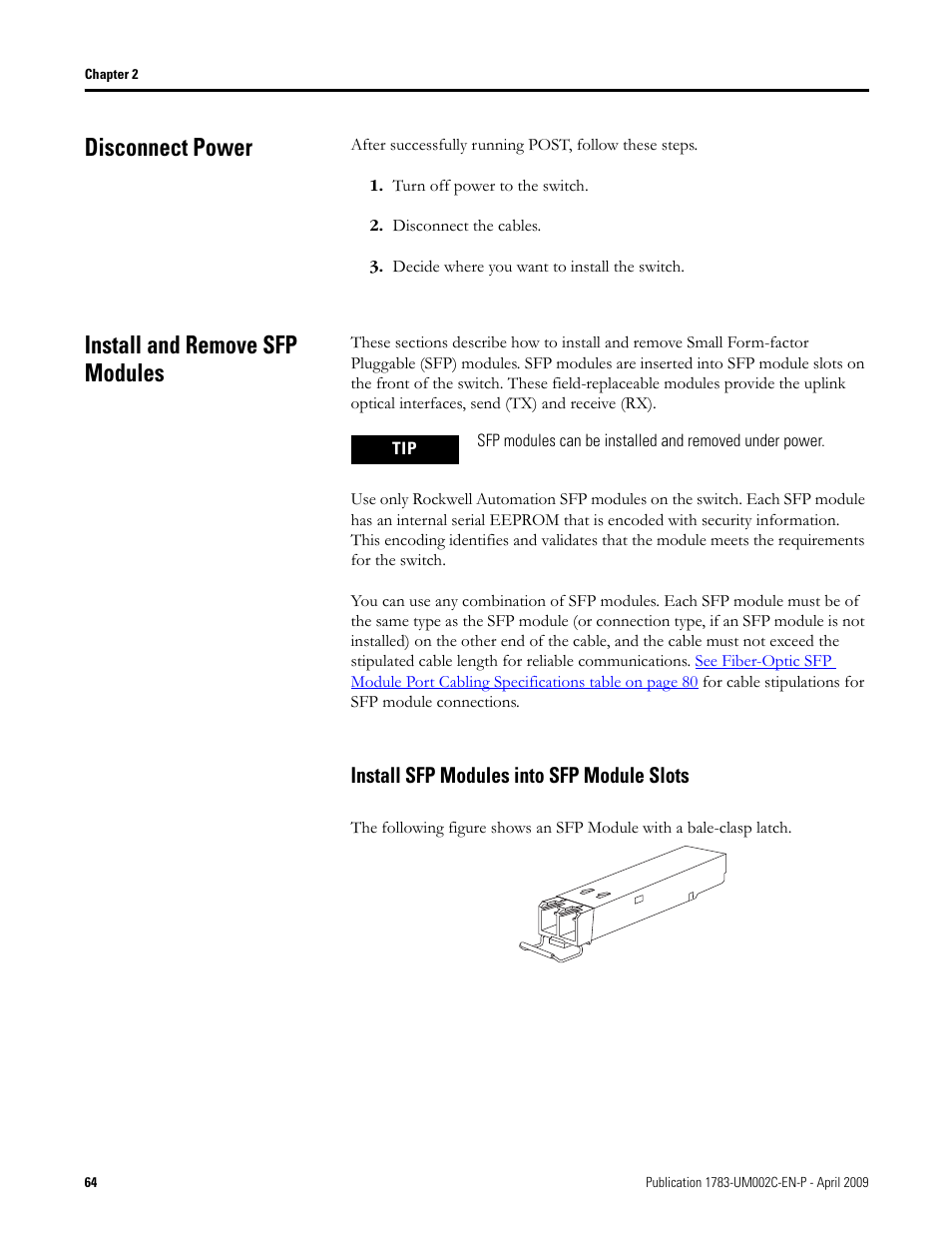 Disconnect power, Install and remove sfp modules, Install sfp modules into sfp module slots | Disconnect power install and remove sfp modules | Rockwell Tools STRATIX 8000 ETHERNET 1783-MS10T User Manual | Page 64 / 92