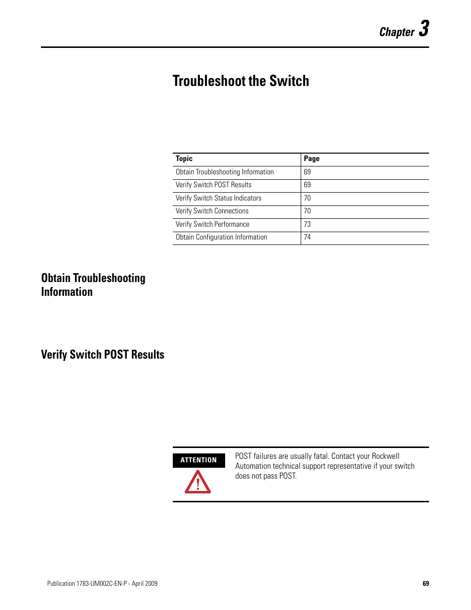 3 - troubleshoot the switch, Obtain troubleshooting information, Verify switch post results | Chapter 3, Troubleshoot the switch, Chapter | Rockwell Tools STRATIX 8000 ETHERNET 1783-MS10T User Manual | Page 69 / 92
