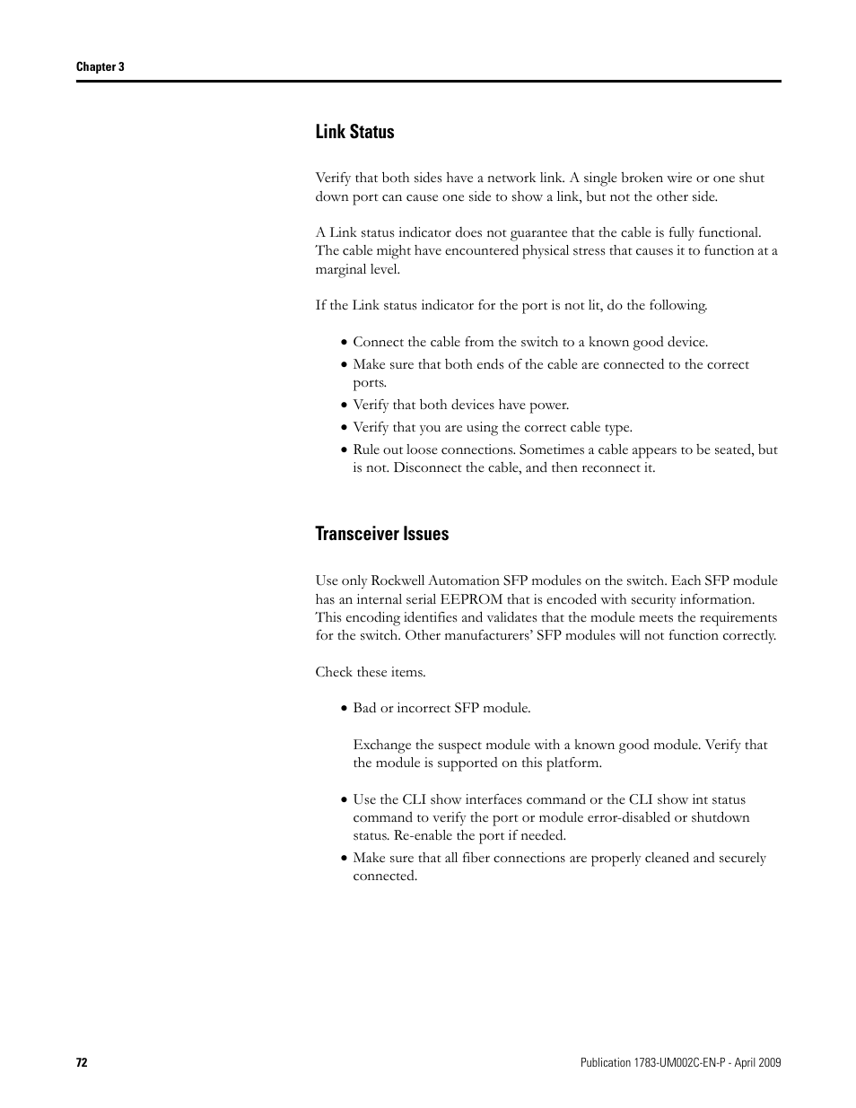 Link status, Transceiver issues, Link status transceiver issues | Rockwell Tools STRATIX 8000 ETHERNET 1783-MS10T User Manual | Page 72 / 92