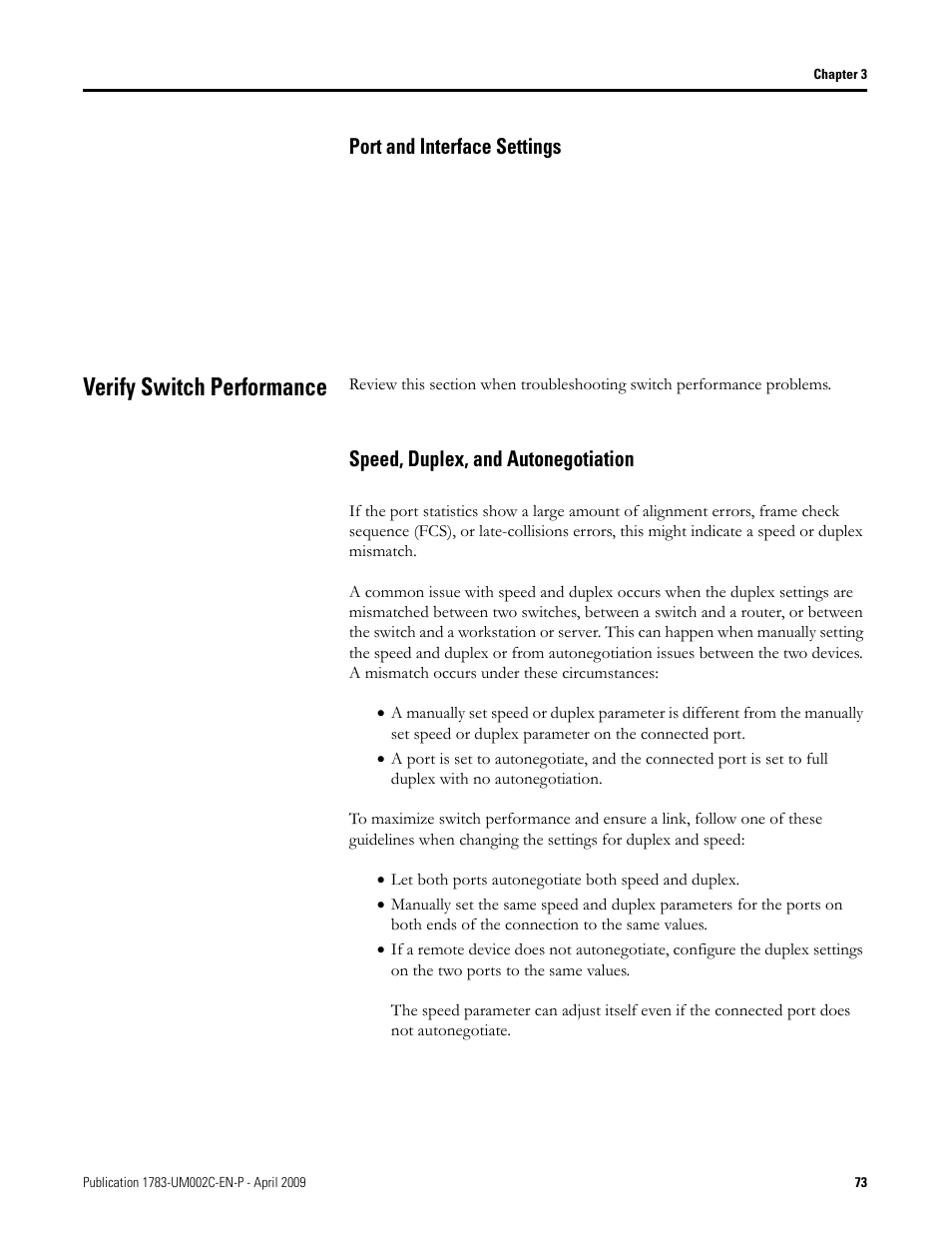 Port and interface settings, Verify switch performance, Speed, duplex, and autonegotiation | Rockwell Tools STRATIX 8000 ETHERNET 1783-MS10T User Manual | Page 73 / 92