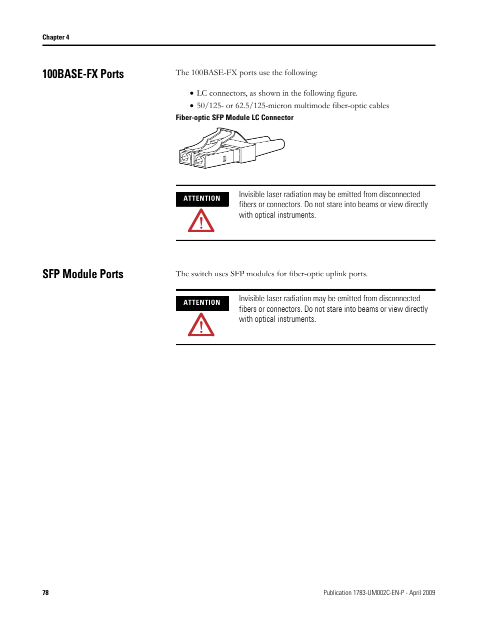 100base-fx ports, Sfp module ports, 100base-fx ports sfp module ports | Rockwell Tools STRATIX 8000 ETHERNET 1783-MS10T User Manual | Page 78 / 92
