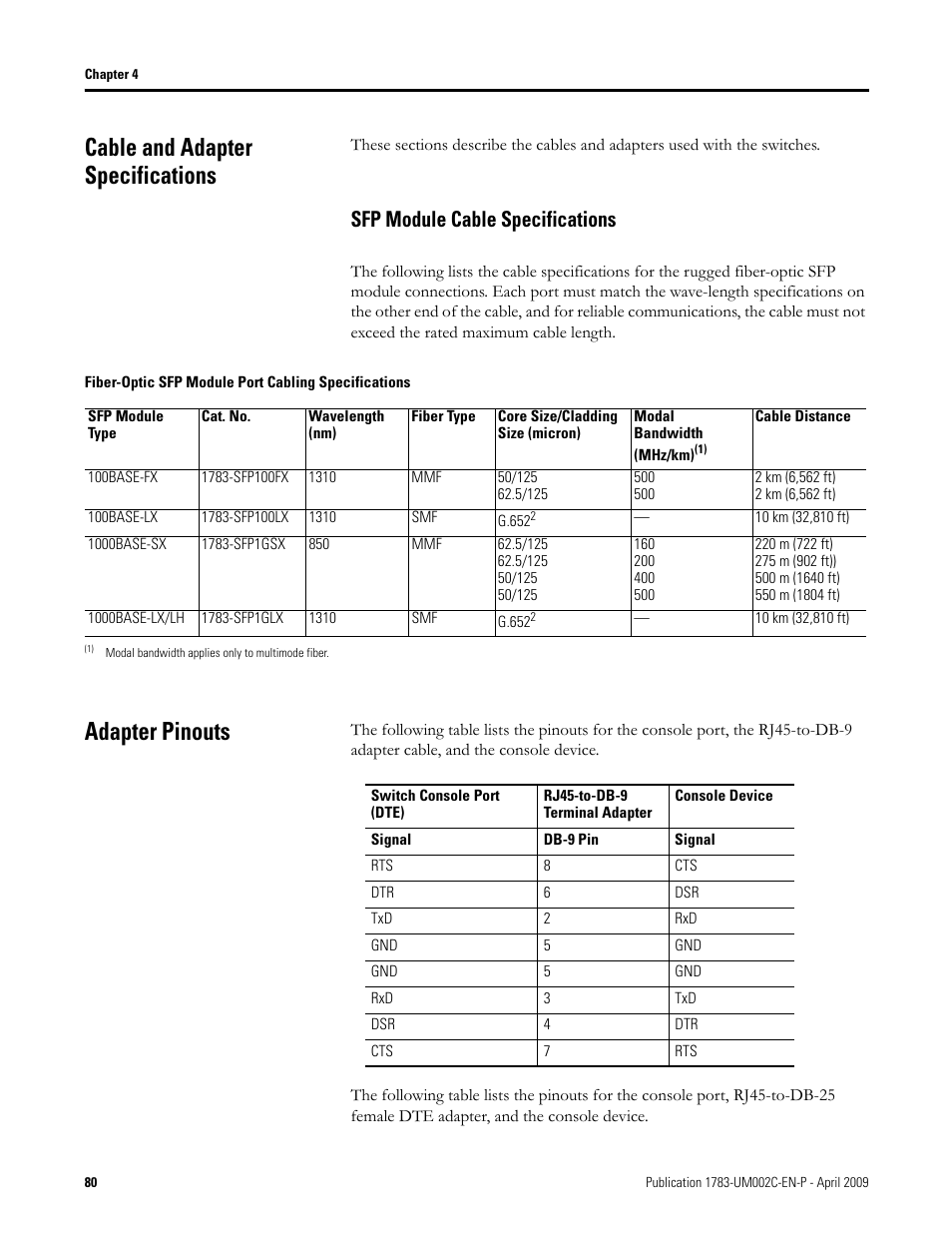 Cable and adapter specifications, Sfp module cable specifications, Adapter pinouts | Rockwell Tools STRATIX 8000 ETHERNET 1783-MS10T User Manual | Page 80 / 92