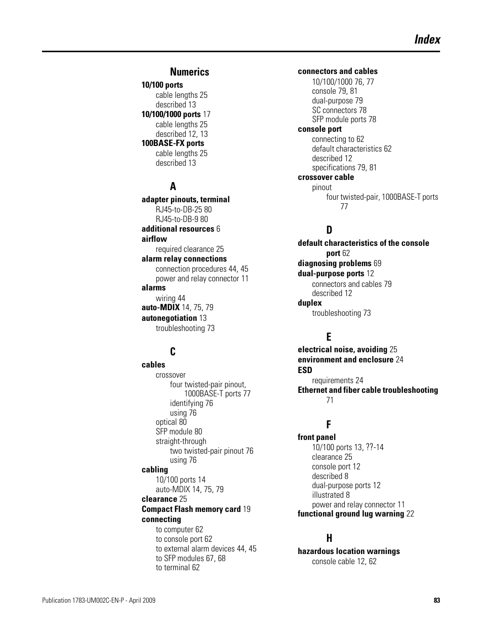 Index, Numerics | Rockwell Tools STRATIX 8000 ETHERNET 1783-MS10T User Manual | Page 85 / 92