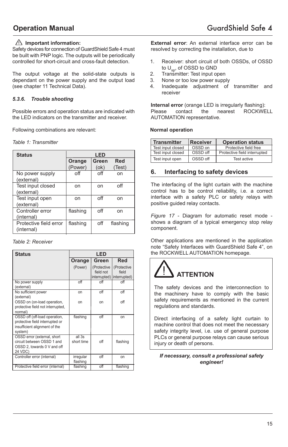 Operation manual guardshield safe 4, Attention | Rockwell Tools GUARDSHIELD SAFE 4 User Manual | Page 15 / 24