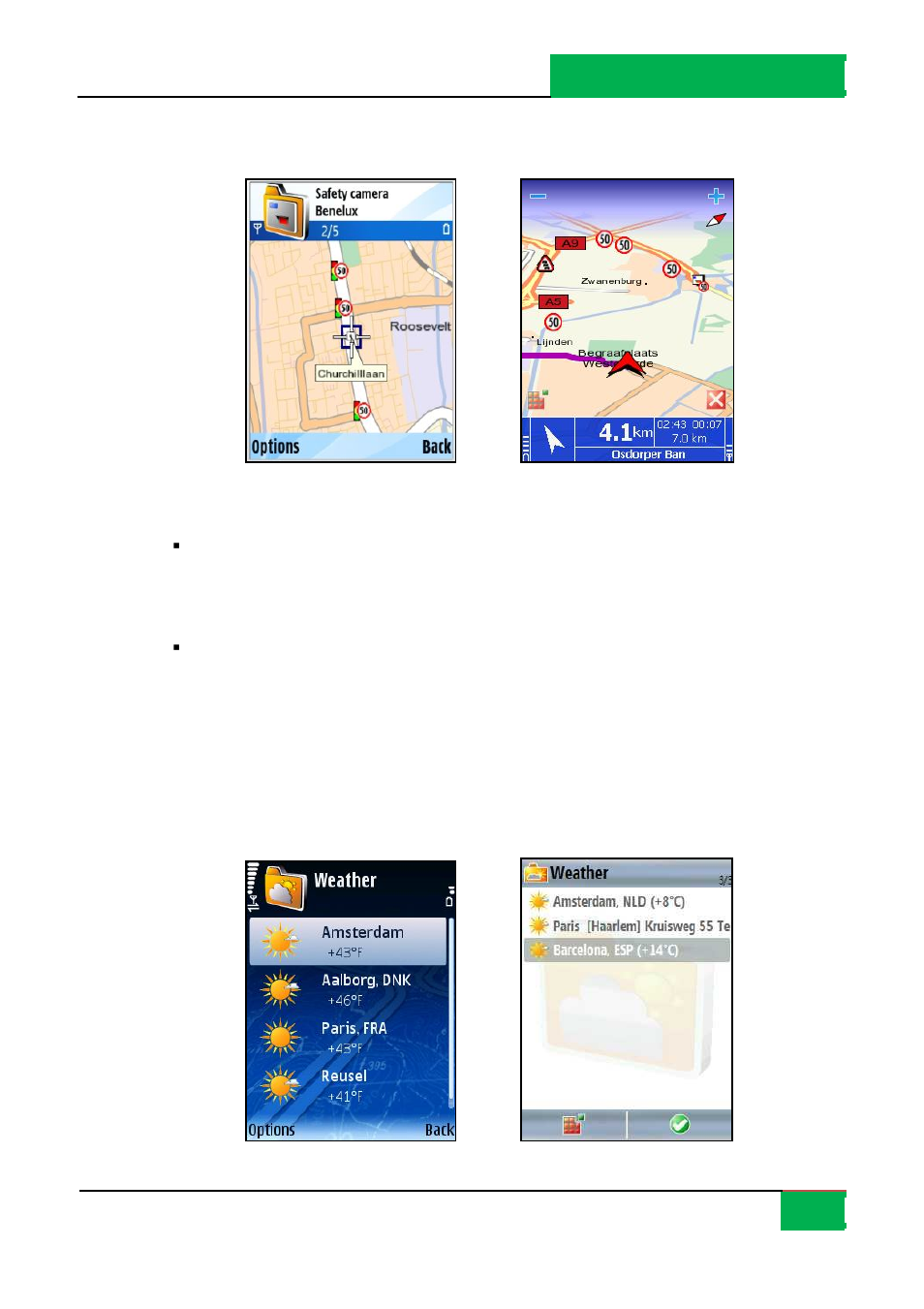 Use safety cameras, Weather | ROUTE 66 Mobile 8 User Manual | Page 55 / 114