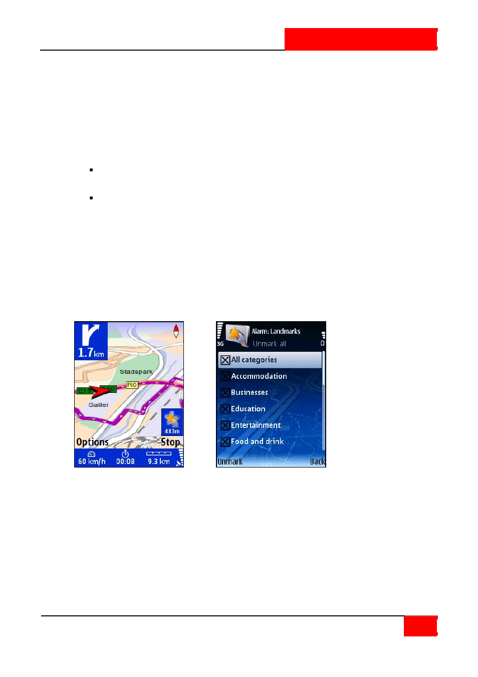 Alarm: landmarks | ROUTE 66 SYMBIAN S60 V3 User Manual | Page 100 / 114