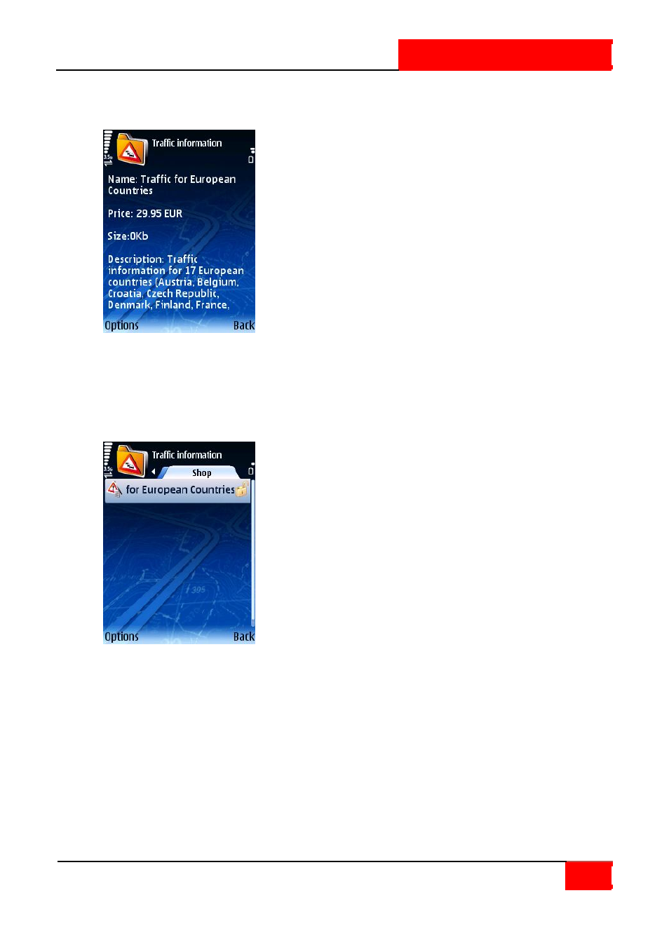 Display pack. information, Activate traffic pack | ROUTE 66 SYMBIAN S60 V3 User Manual | Page 50 / 114