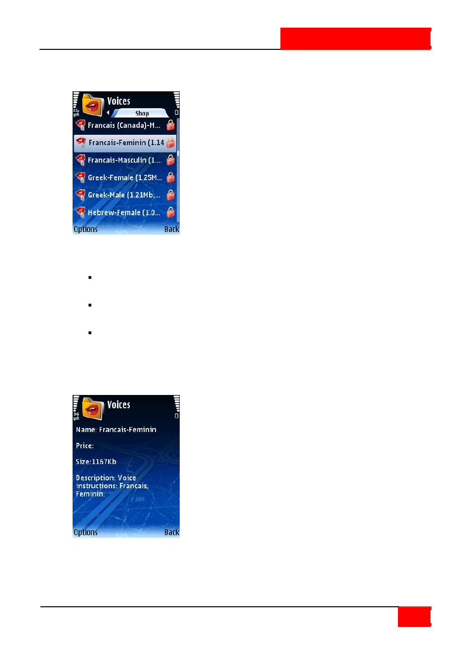 Locate voices, Display voice info | ROUTE 66 SYMBIAN S60 V3 User Manual | Page 73 / 114