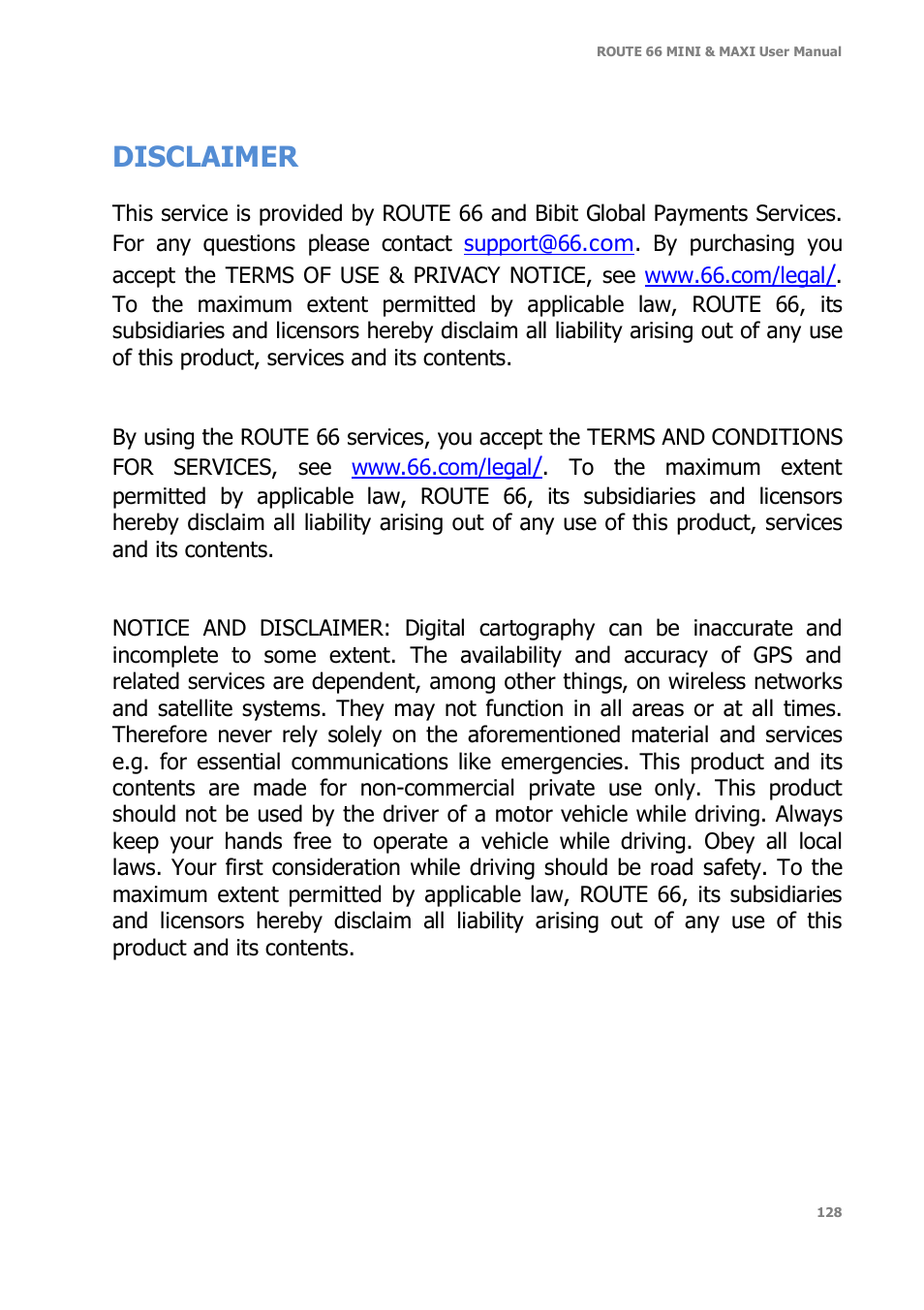 Disclaimer | ROUTE 66 Mini Maxi User Manual | Page 128 / 128
