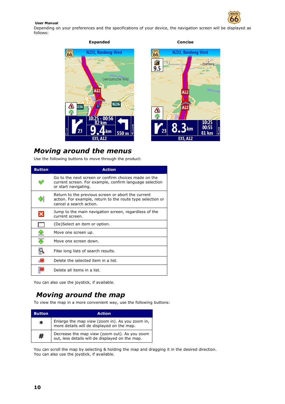 Moving around the menus, Moving around the map | ROUTE 66 Mobile 7 WMS User Manual | Page 10 / 71