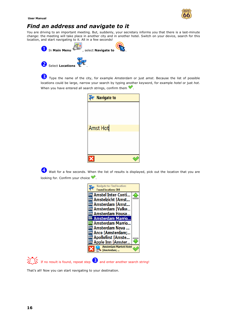Find an address and navigate to it | ROUTE 66 Mobile 7 WMS User Manual | Page 16 / 71