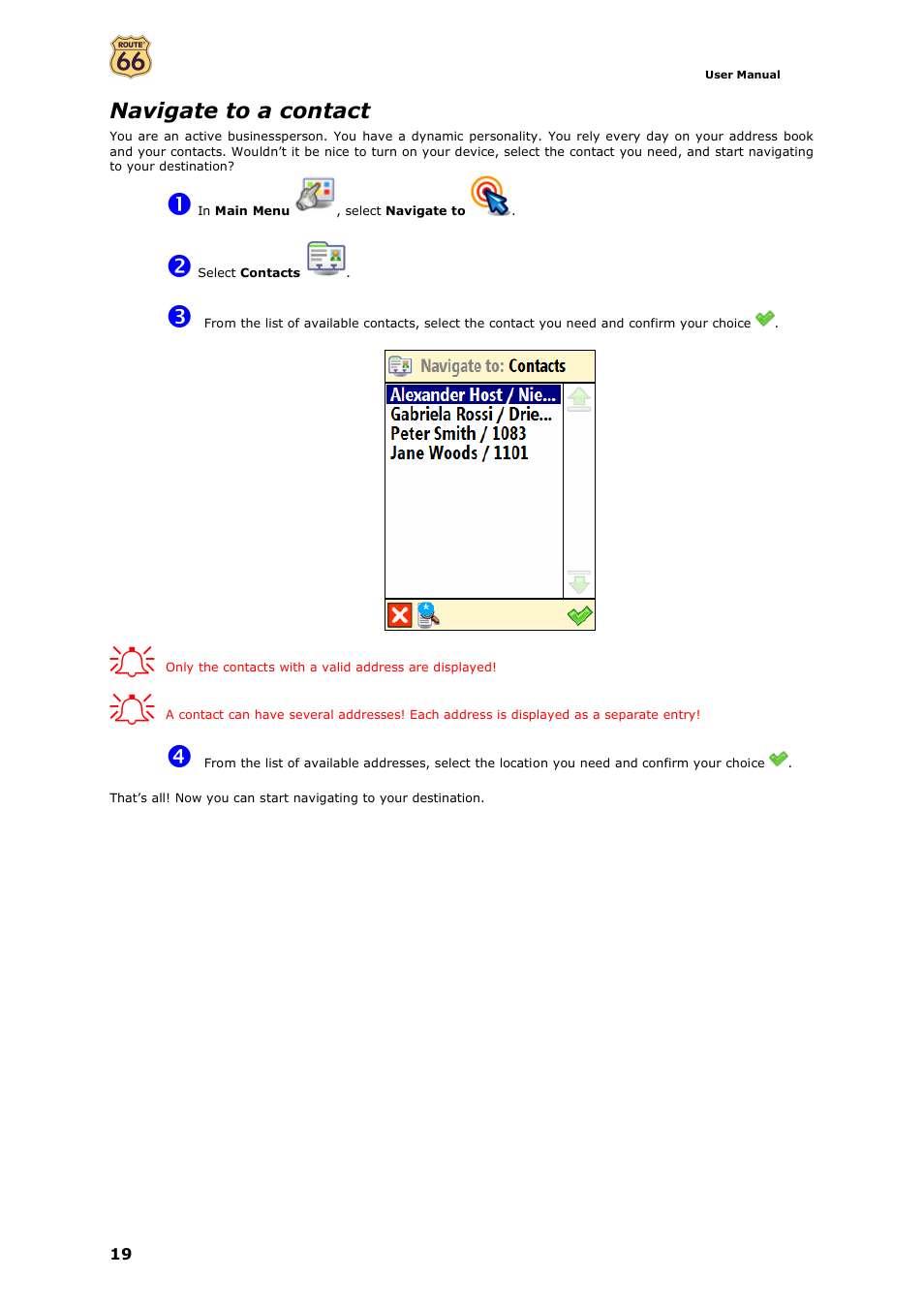 Navigate to a contact | ROUTE 66 Mobile 7 WMS User Manual | Page 19 / 71