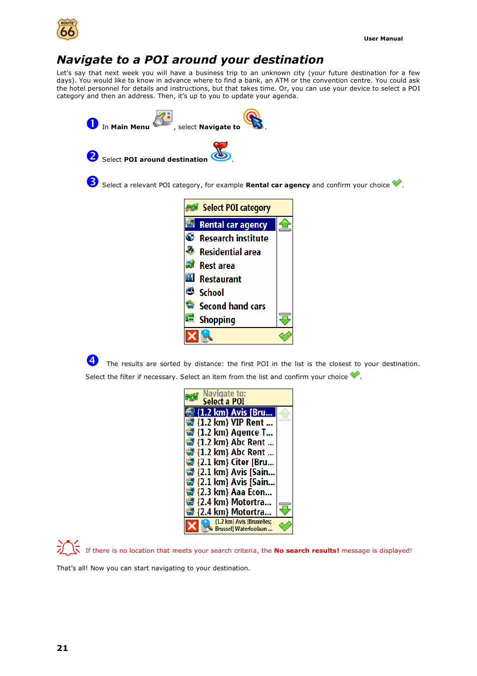 Navigate to a poi around your destination | ROUTE 66 Mobile 7 WMS User Manual | Page 21 / 71