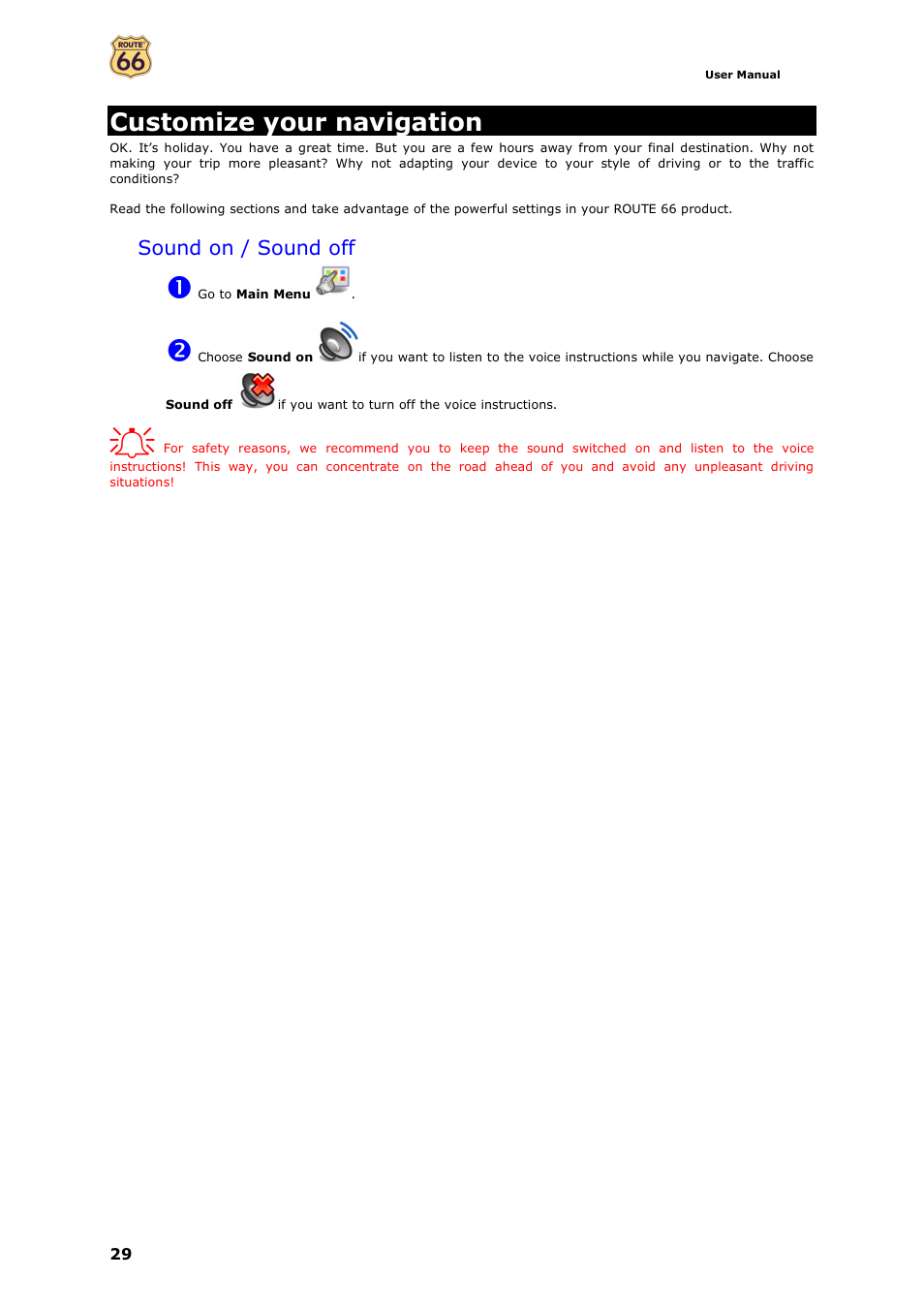Customize your navigation, Sound on / sound off | ROUTE 66 Mobile 7 WMS User Manual | Page 29 / 71