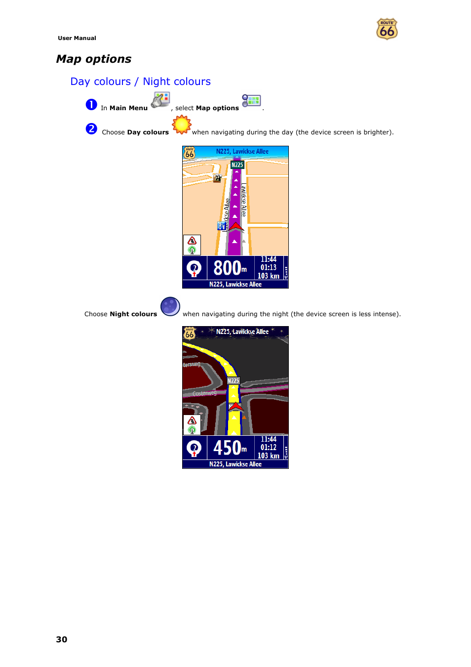 Map options, Day colours / night colours | ROUTE 66 Mobile 7 WMS User Manual | Page 30 / 71