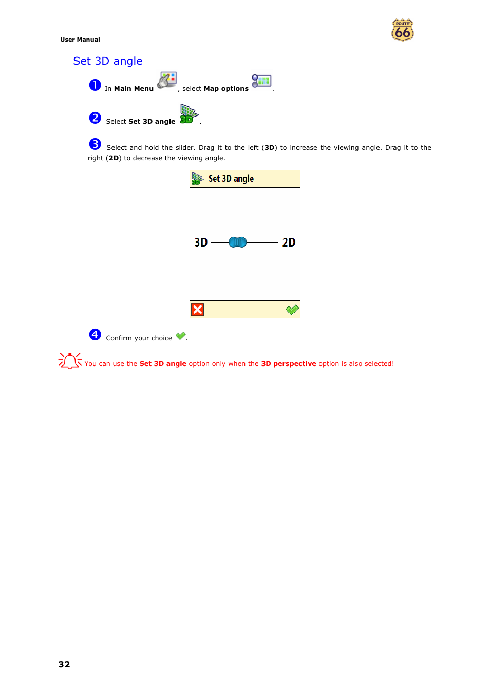 Set 3d angle | ROUTE 66 Mobile 7 WMS User Manual | Page 32 / 71