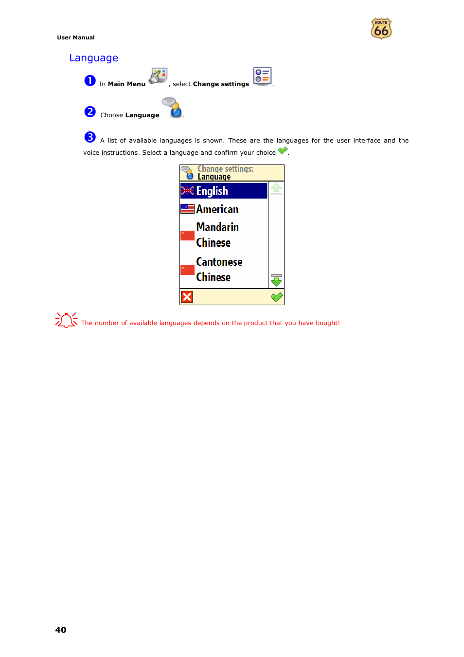 Language | ROUTE 66 Mobile 7 WMS User Manual | Page 40 / 71