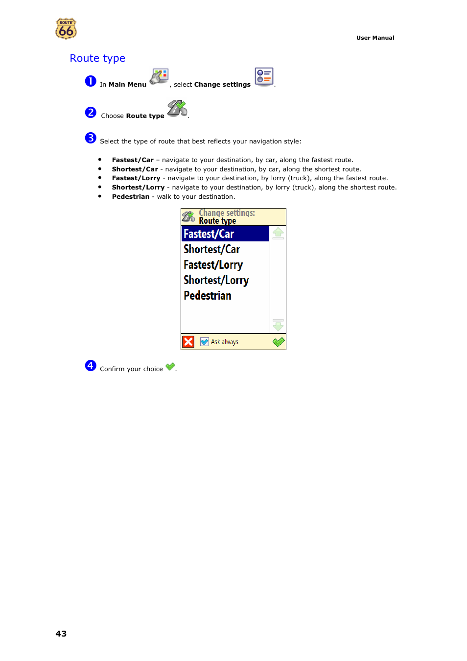 Route type | ROUTE 66 Mobile 7 WMS User Manual | Page 43 / 71