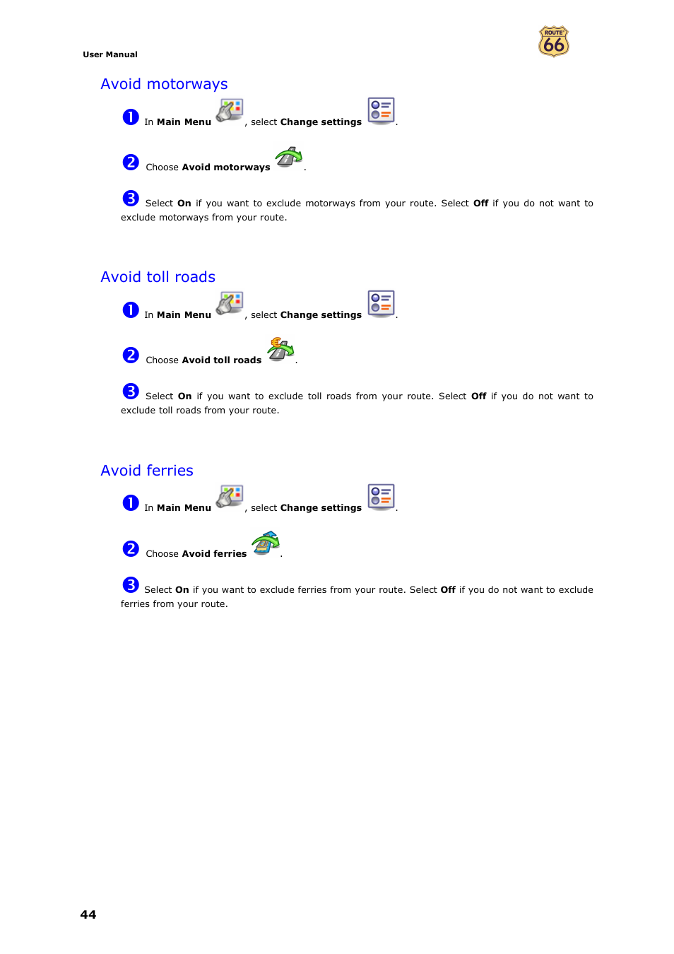 Avoid motorways, Avoid toll roads, Avoid ferries | ROUTE 66 Mobile 7 WMS User Manual | Page 44 / 71