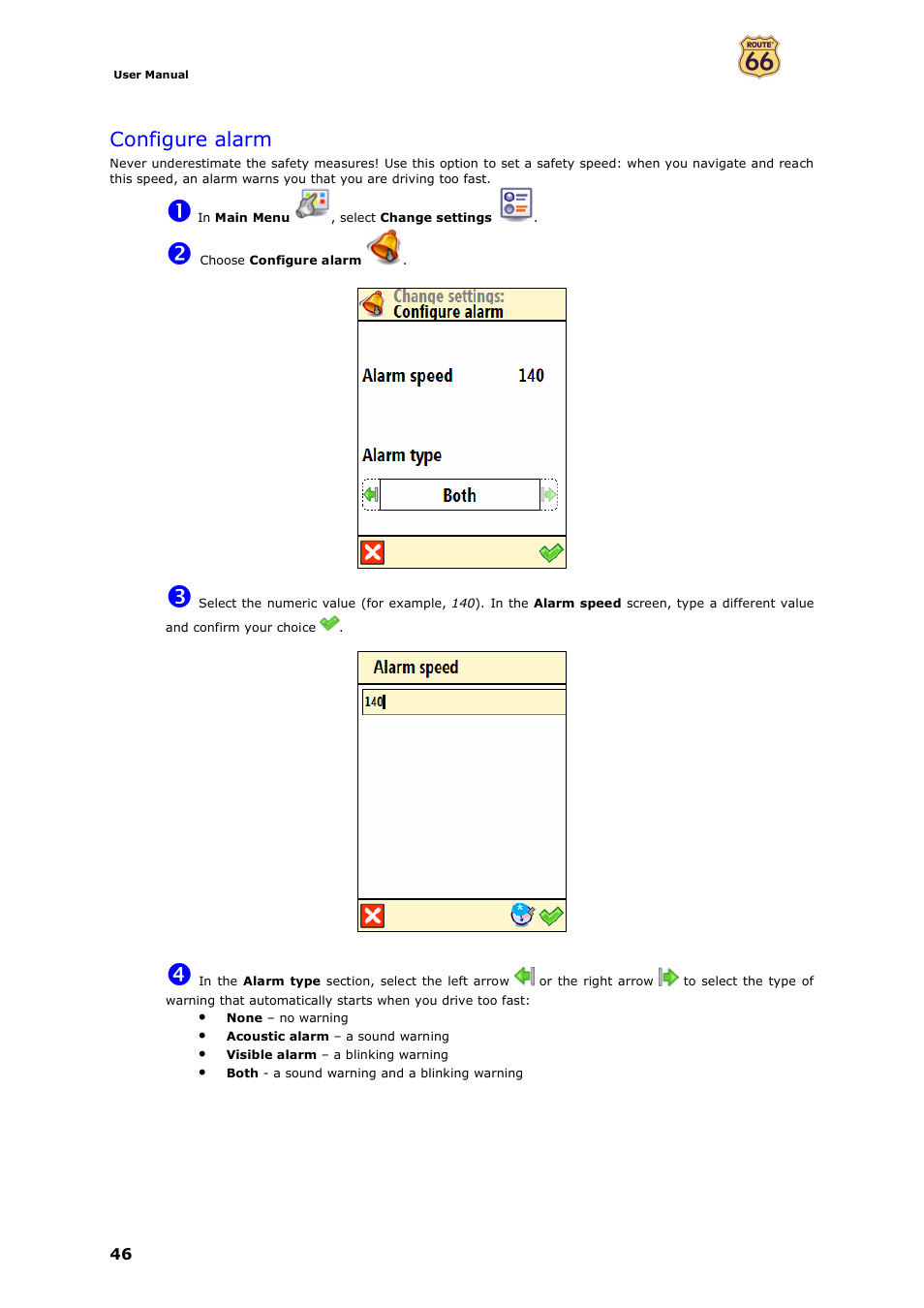 Configure alarm | ROUTE 66 Mobile 7 WMS User Manual | Page 46 / 71