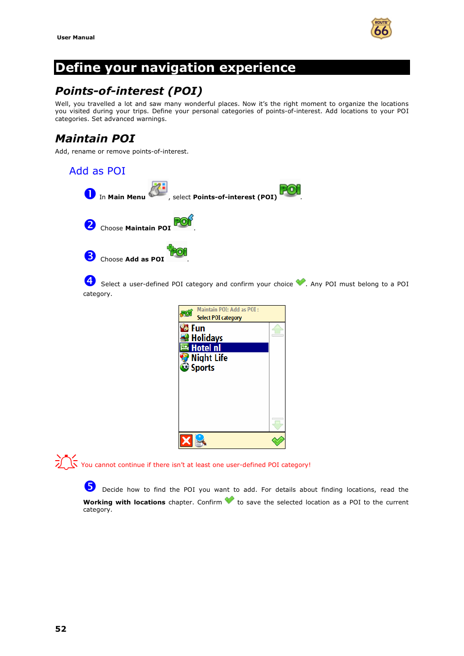 Define your navigation experience, Points-of-interest (poi), Maintain poi | Add as poi | ROUTE 66 Mobile 7 WMS User Manual | Page 52 / 71