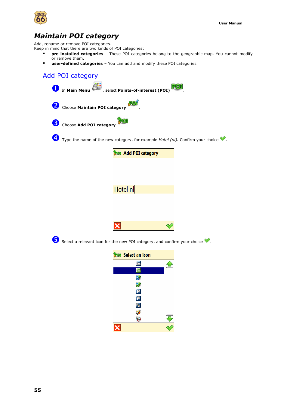 Maintain poi category, Add poi category | ROUTE 66 Mobile 7 WMS User Manual | Page 55 / 71