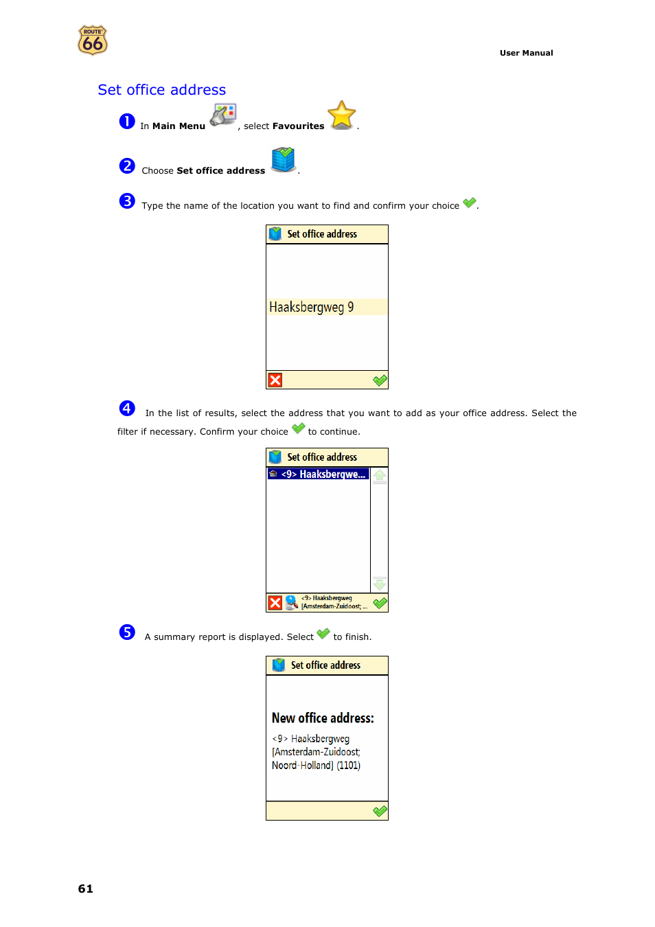 Set office address | ROUTE 66 Mobile 7 WMS User Manual | Page 61 / 71